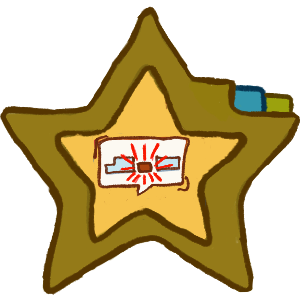 a star shaped folder with a yellow inside and darker yellow green ish outside with a tab of the same colour, with a speech bubble with a small brown rectangle in between 2 larger blue ones with emphasis lines around the small one